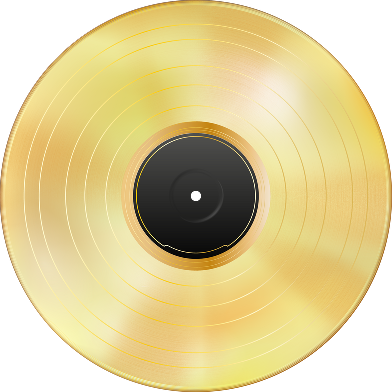 Realistic Gold Vinyl Record Isolated. Gramophone LP, Blank Black Label. Mockup Disc. Highly Detailed. Golden Musical Album. Vintage Art Old Technology.